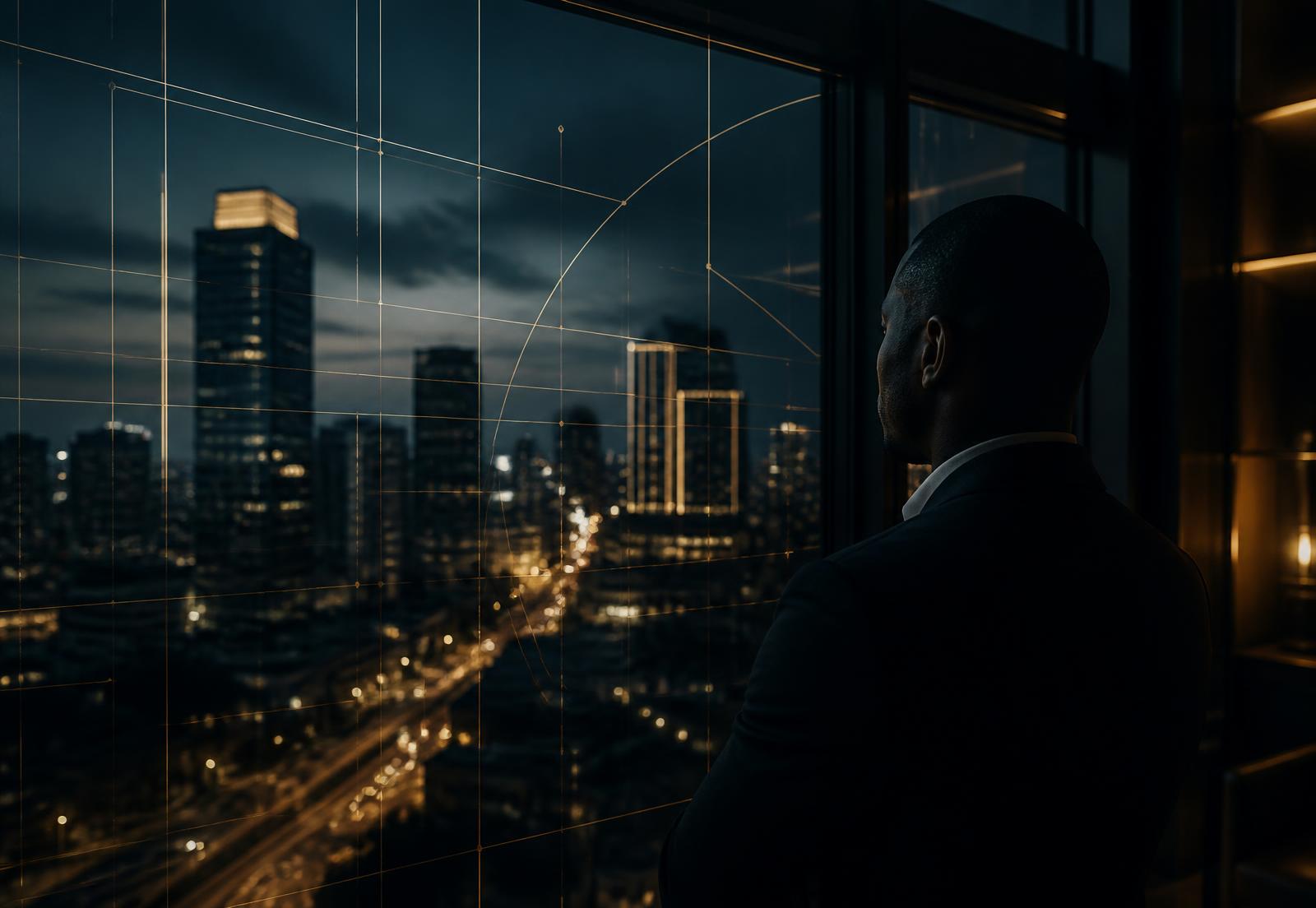 Verified real-world property portfolio viewed over a financial district at dusk